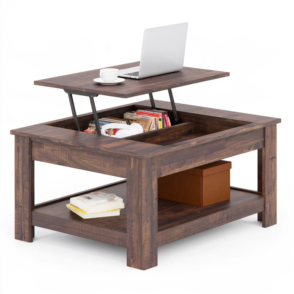 Tavolino da salotto con piano elevabile in legno, colore marrone scuro
