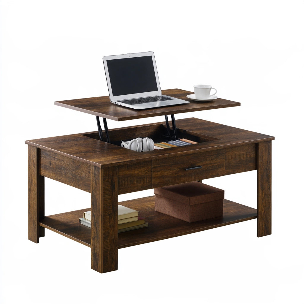 Tavolino da salotto con piano elevabile in legno, colore marrone scuro