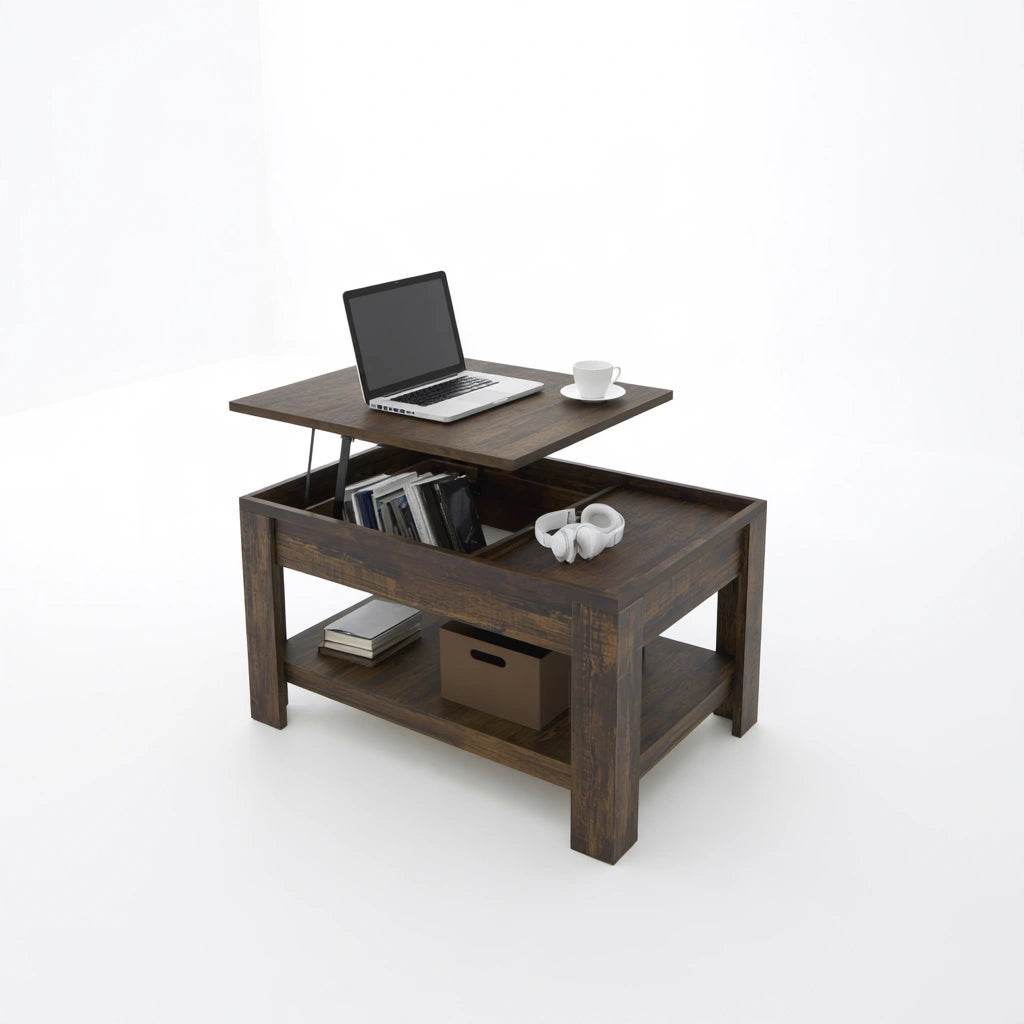 Tavolino da salotto con piano elevabile in legno, colore marrone scuro